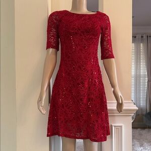 Chic Scarlet Lace sparkling Red Midi Dress